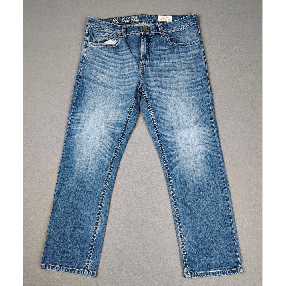 Y2K Axel Jeans Men 38x30 Blue Denim Whiskers Biker Cowboy Workwear Stitch Pocket